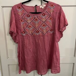 Entro Lovely Embroidered Top Pink Swiss Dot Button Closure Size Large Like New